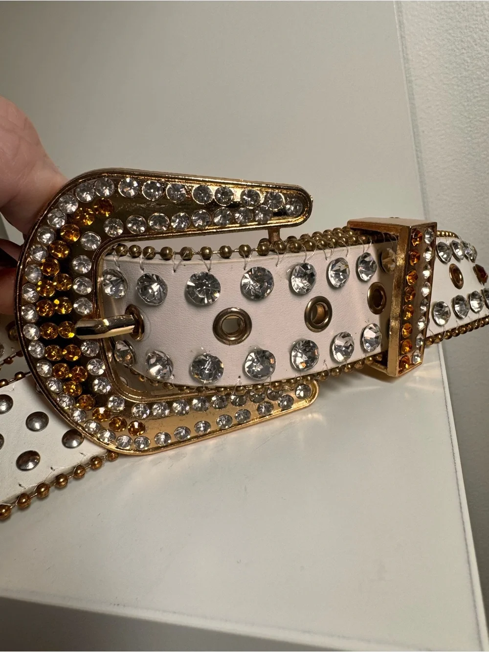 New/In Box White Crystal-Embellished Belt with Gold Buckle